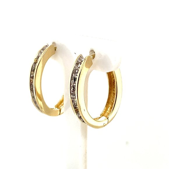 Diamond 14KT Yellow Gold Oval Shaped Hoop Earrings - Picture 3 of 4